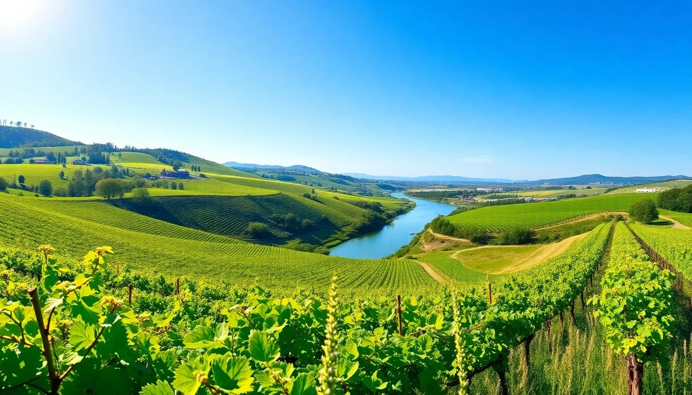Discover the picturesque landscape of Clarksburg California with lush vineyards and a tranquil river.