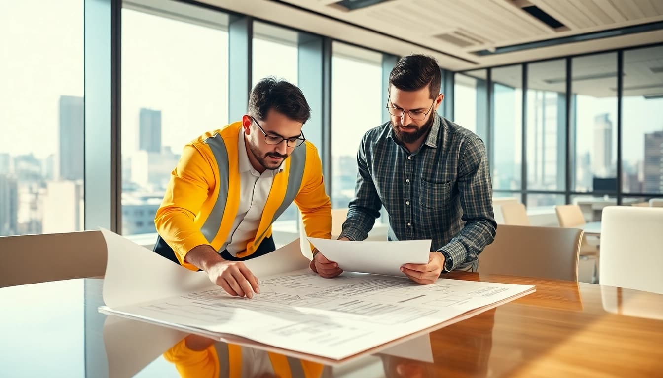 Collaboration among professionals in the construction network association with blueprints and digital plans.