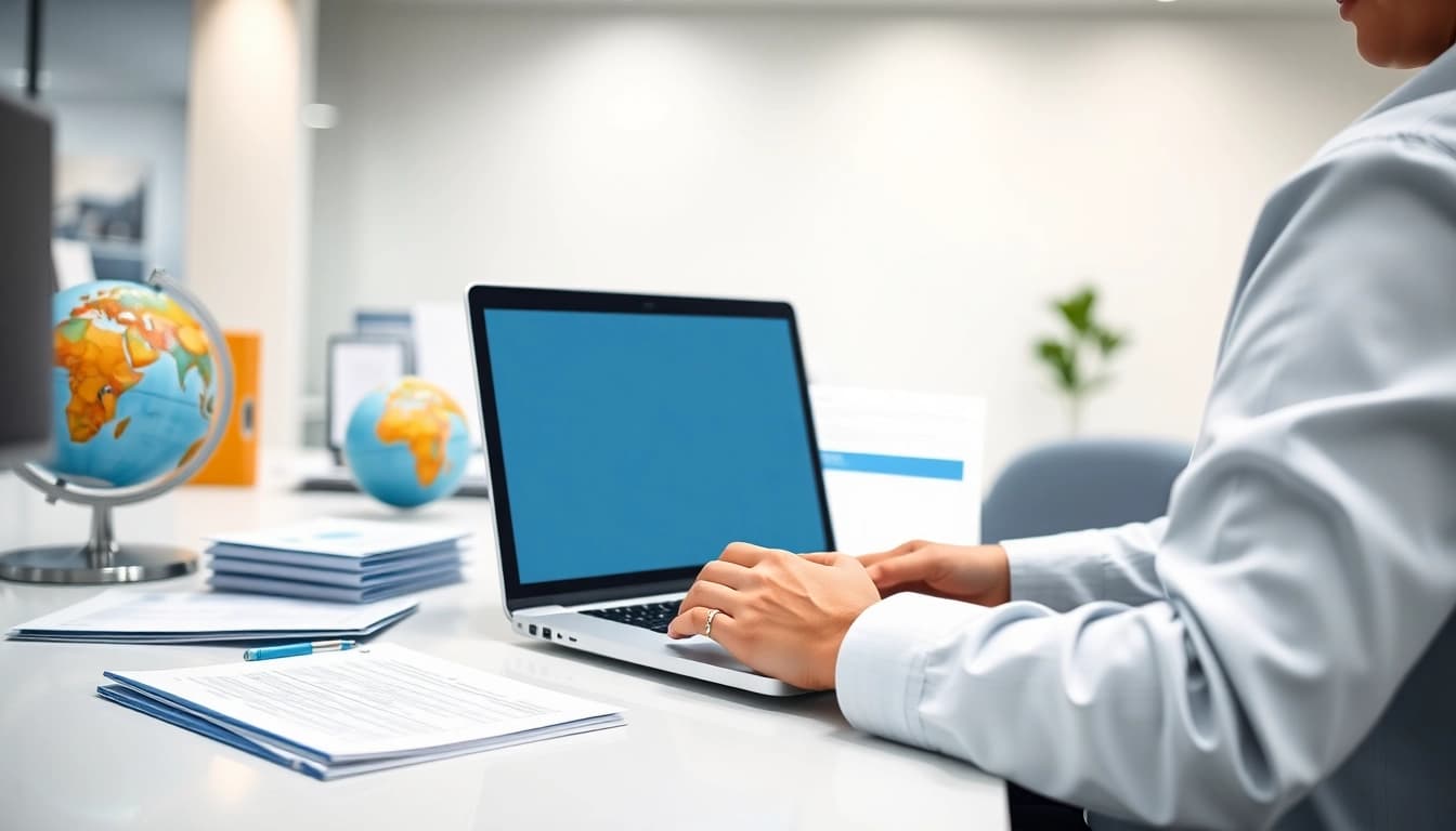 Complete the uk eta online application at a modern desk with a laptop and travel documents.