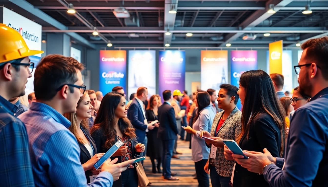 Engaged professionals in vibrant construction networking event exchanging ideas and business cards.