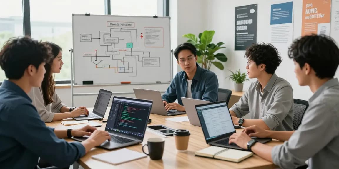 Professionals using expert tools for collaboration in a modern office setting, showcasing teamwork in software development.