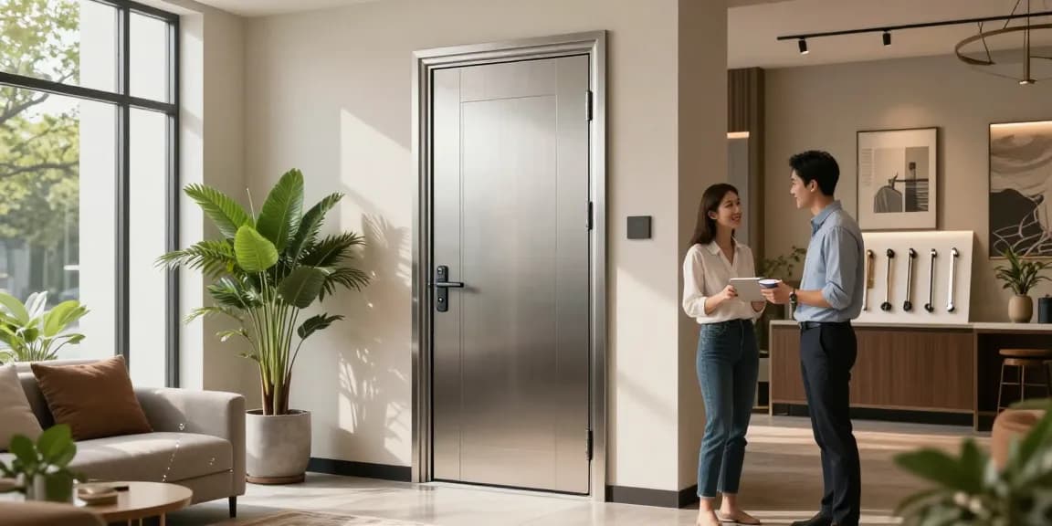 High-quality single leaf swing door shown in modern interior setting with stylish decor and natural light.