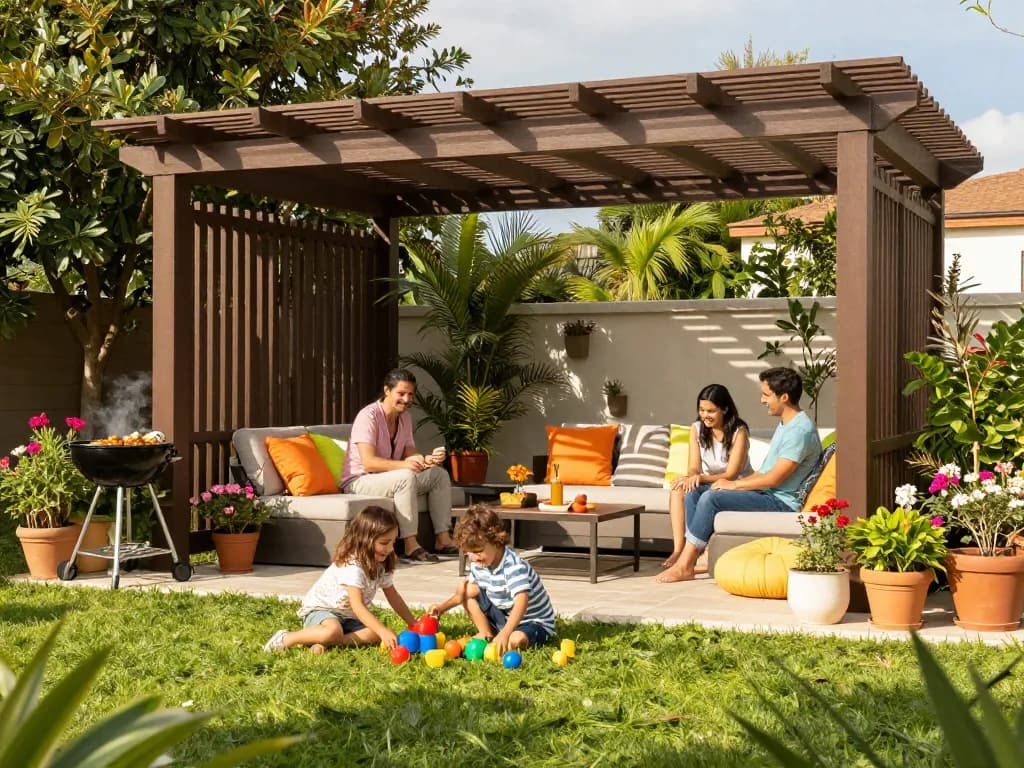 Family enjoying time under a 3D pergola configurator in a vibrant outdoor setting.