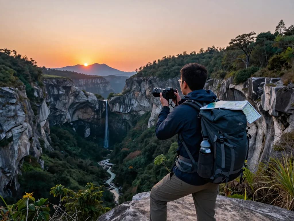 Experience an exhilarating Taroko Gorge tour with stunning landscapes and a hiker capturing moments.