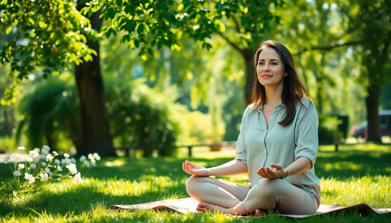 Engaging in mental health tips through mindfulness in a sunny park environment.