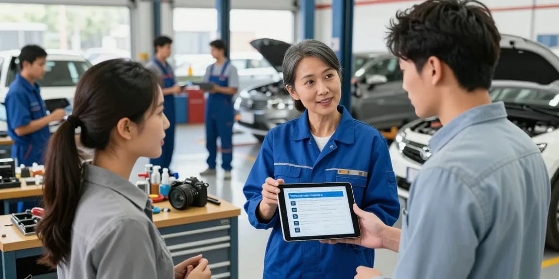 Engaging automotive service scene discussing best auto warranty companies with mechanics and customers at a busy service center.