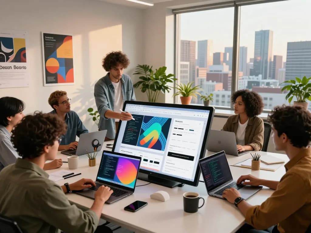 Web Design Agency team collaborating in a modern office with vibrant designs and city views.