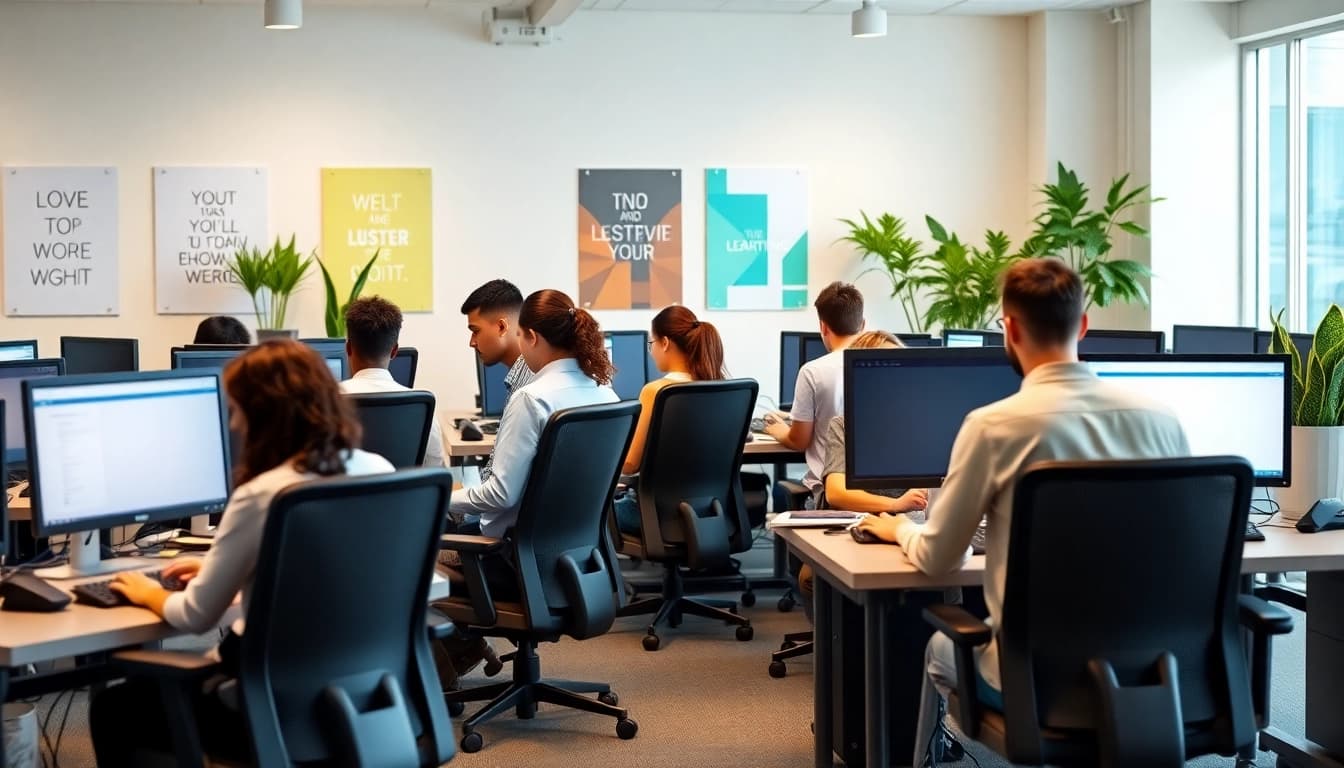 Team collaborating in a modern Typing Center workspace, promoting productivity and focus.