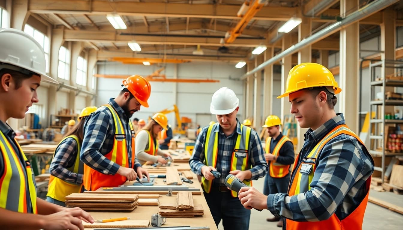 Students participating in construction craft training, honing skills with tools and materials.