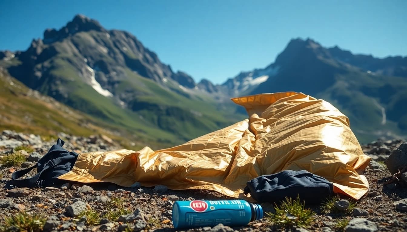 Emergency blanket offering warmth and safety in an outdoor survival scene.