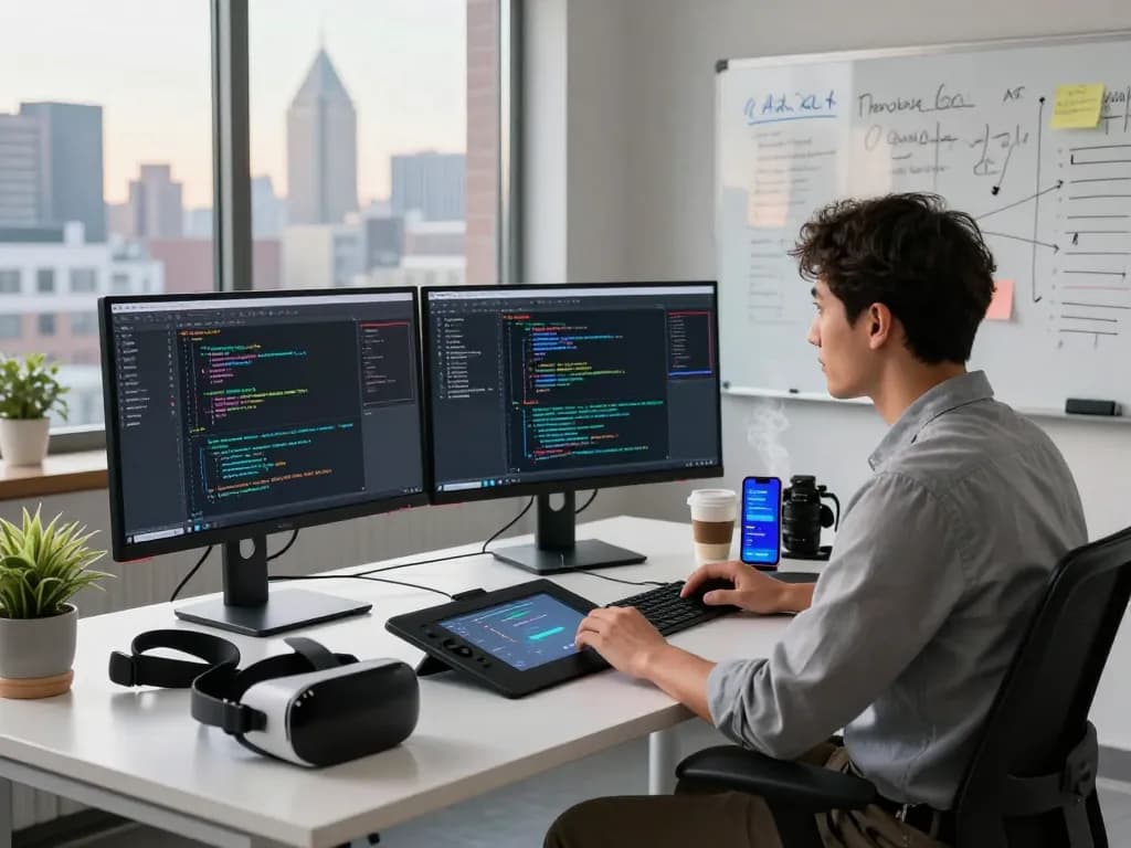 AI-driven mind control software engineer analyzing complex algorithms in a modern workspace.