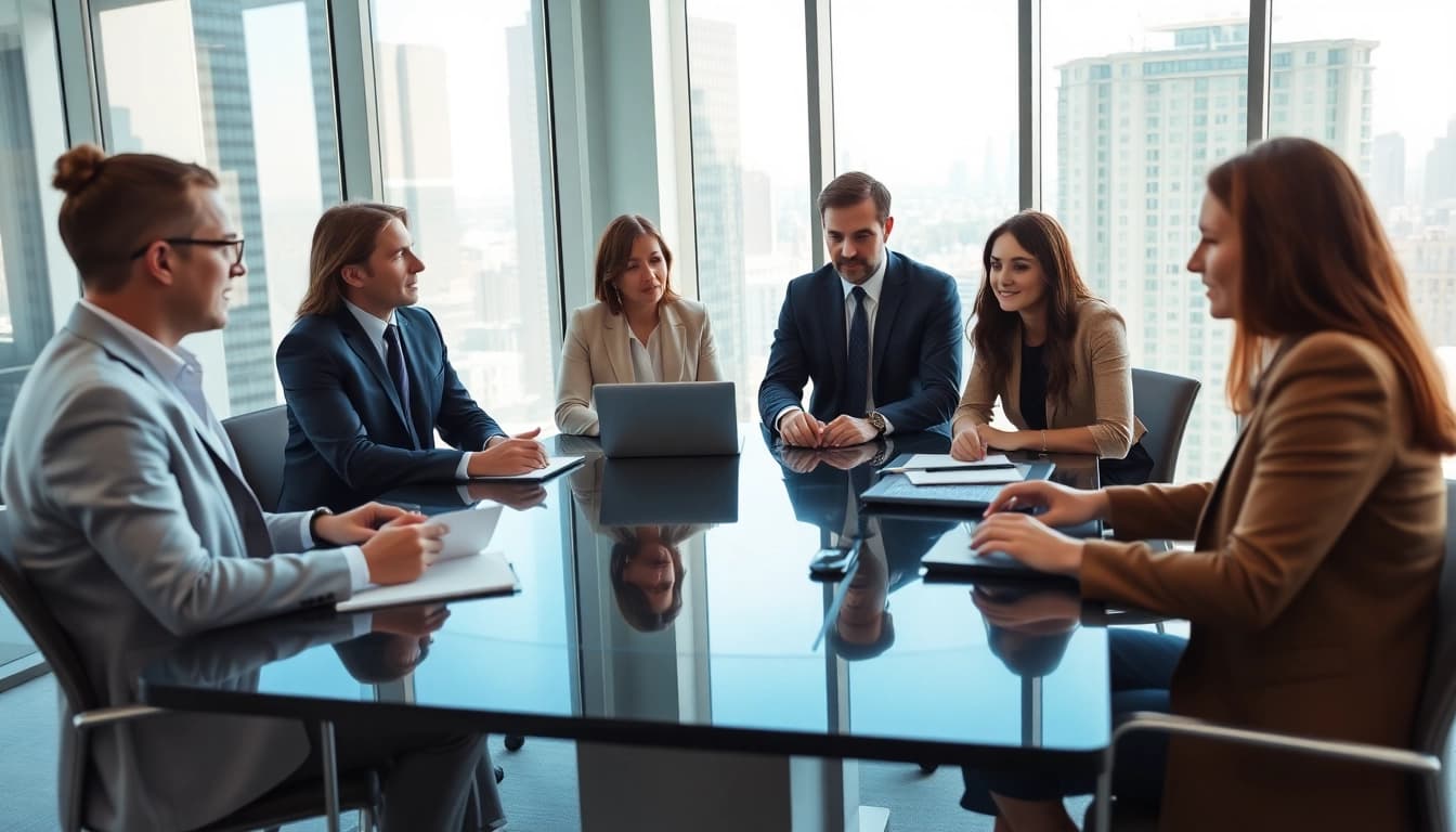 Engaged Quickplus Business Consultants discussing strategies in a modern office environment.