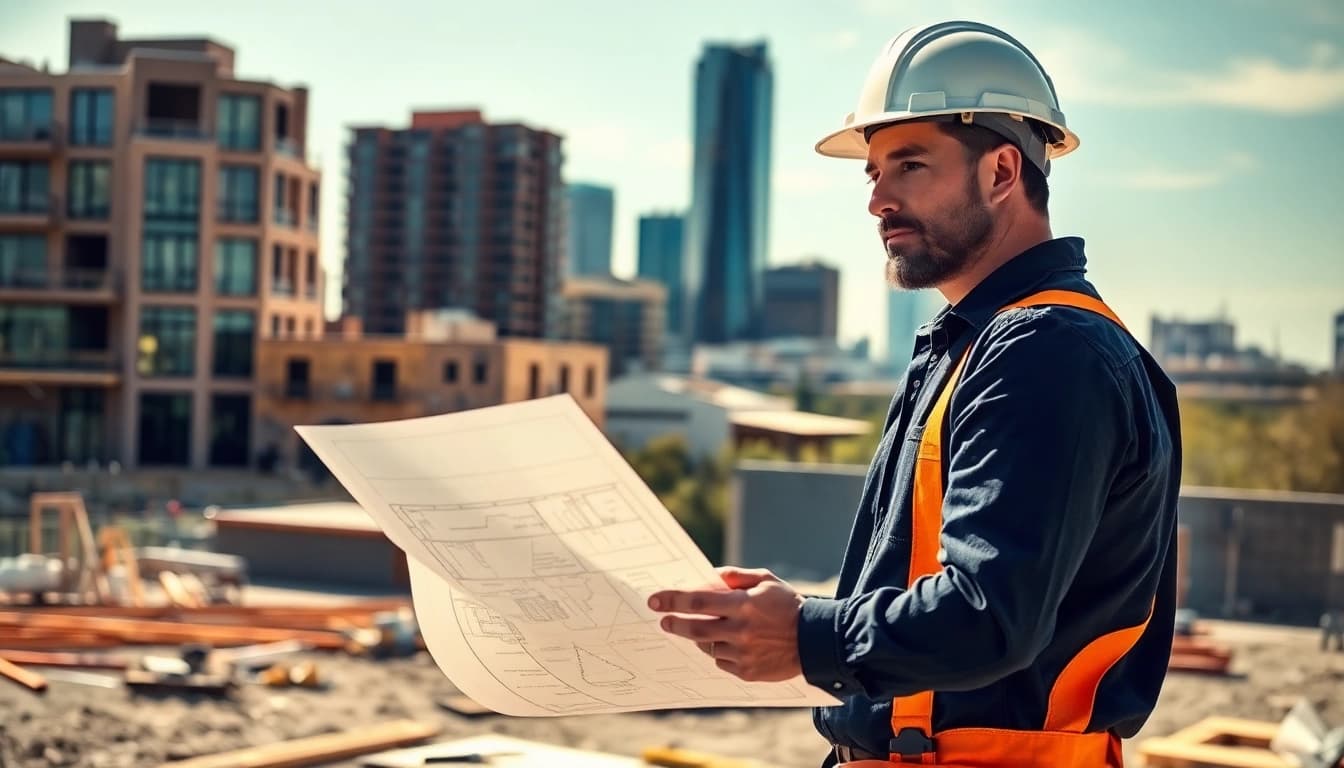 Austin general contractor with blueprints at a construction site against the skyline.