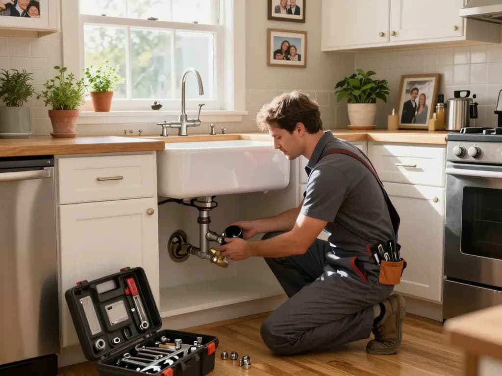 Plumbing services Rapid City SD being performed by a skilled plumber under a kitchen sink in a warm home environment.