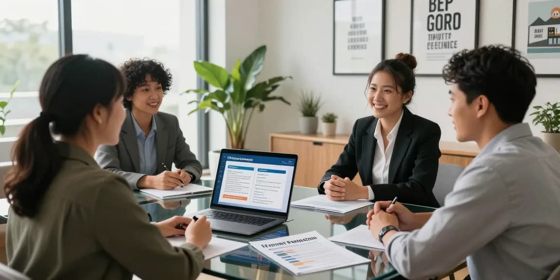Life insurance consultation with financial advisors in a modern office setting, showcasing personalized strategies.