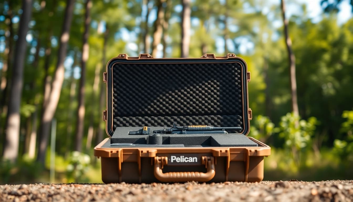 Pelican gun case for sale showcasing its rugged design in a natural setting.