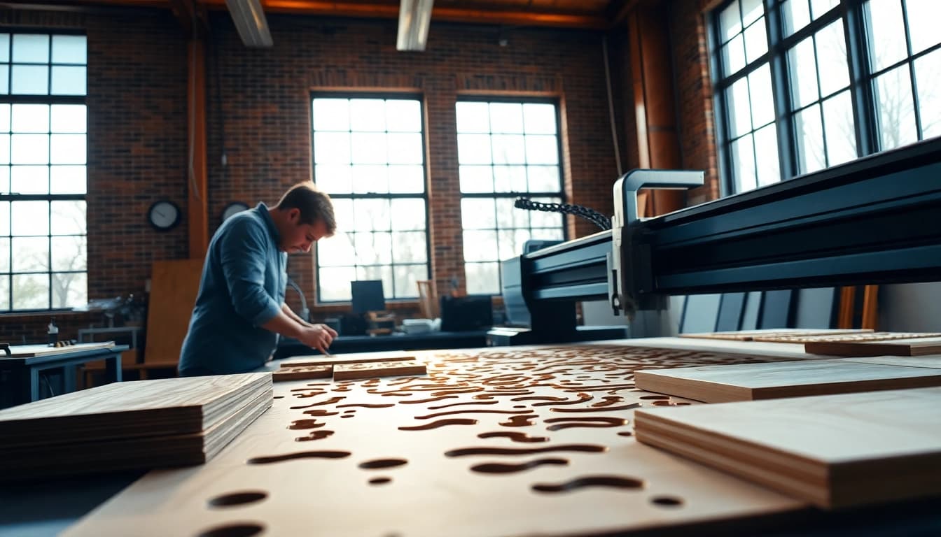 Creating intricate custom laser design pieces with precision tools in a bright workshop.