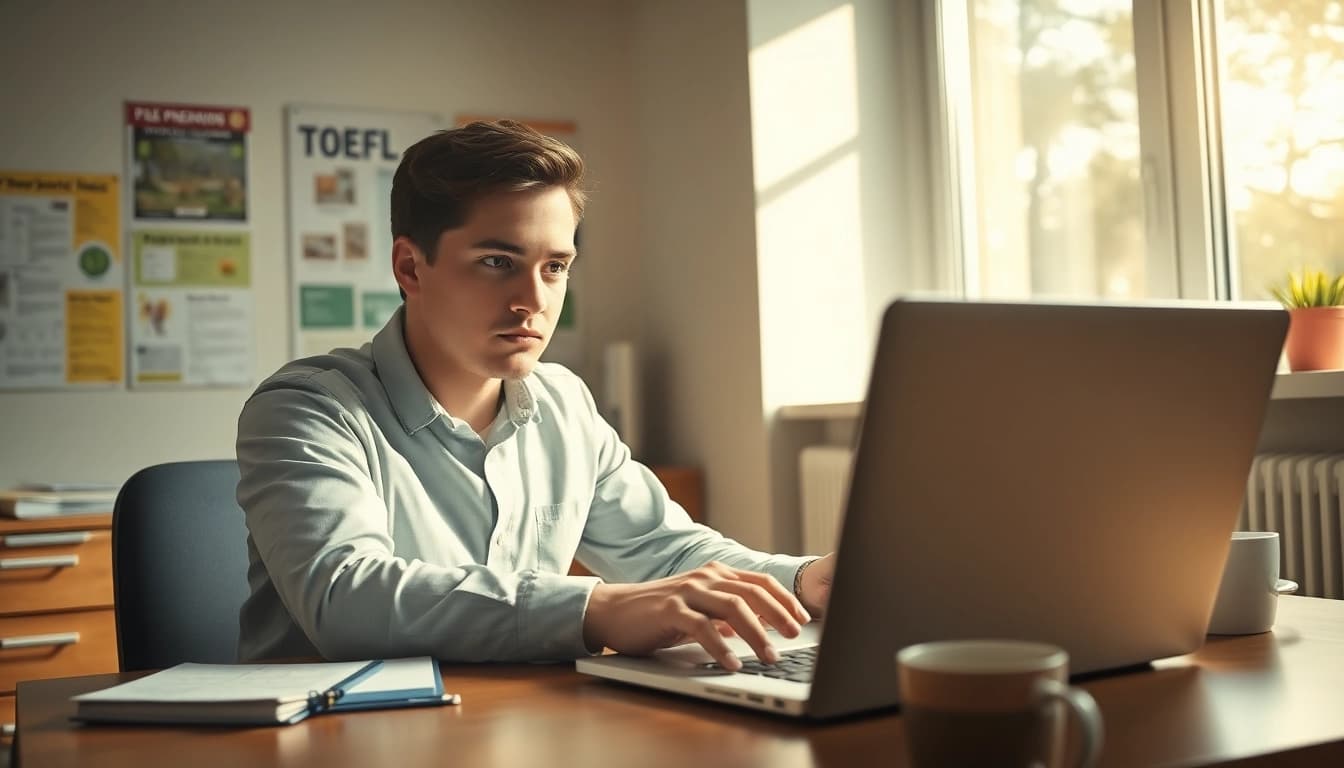 Engaged student paying someone to take TOEFL while studying in a bright, professional environment.