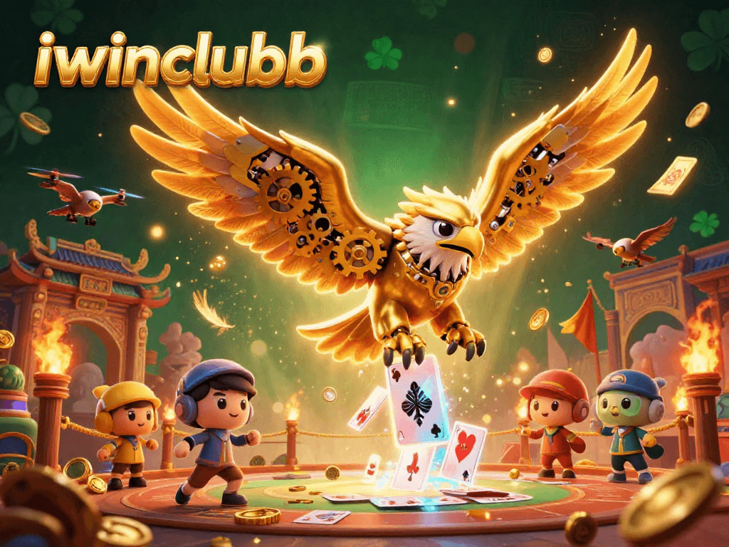 Experience the thrill of iwinclubb with a cybernetic eagle diving through holographic cards in this vibrant casino illustration.