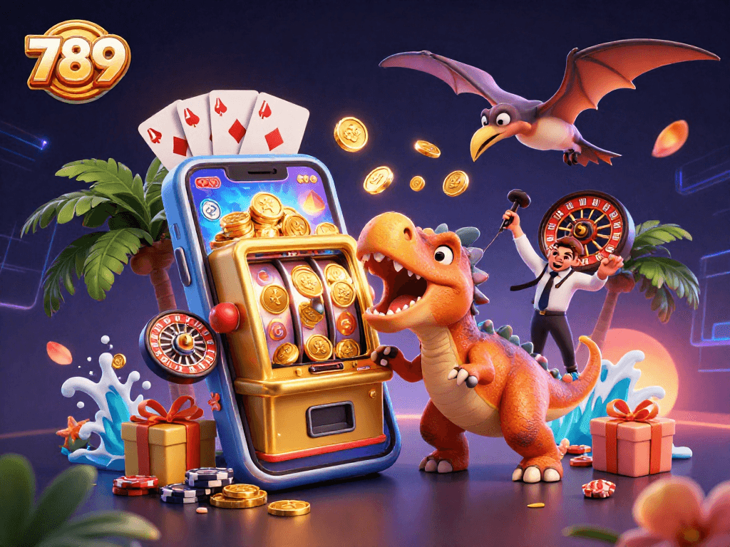 Engage with the excitement of 789 as a cartoon dinosaur hits the jackpot at a vibrant casino scene.