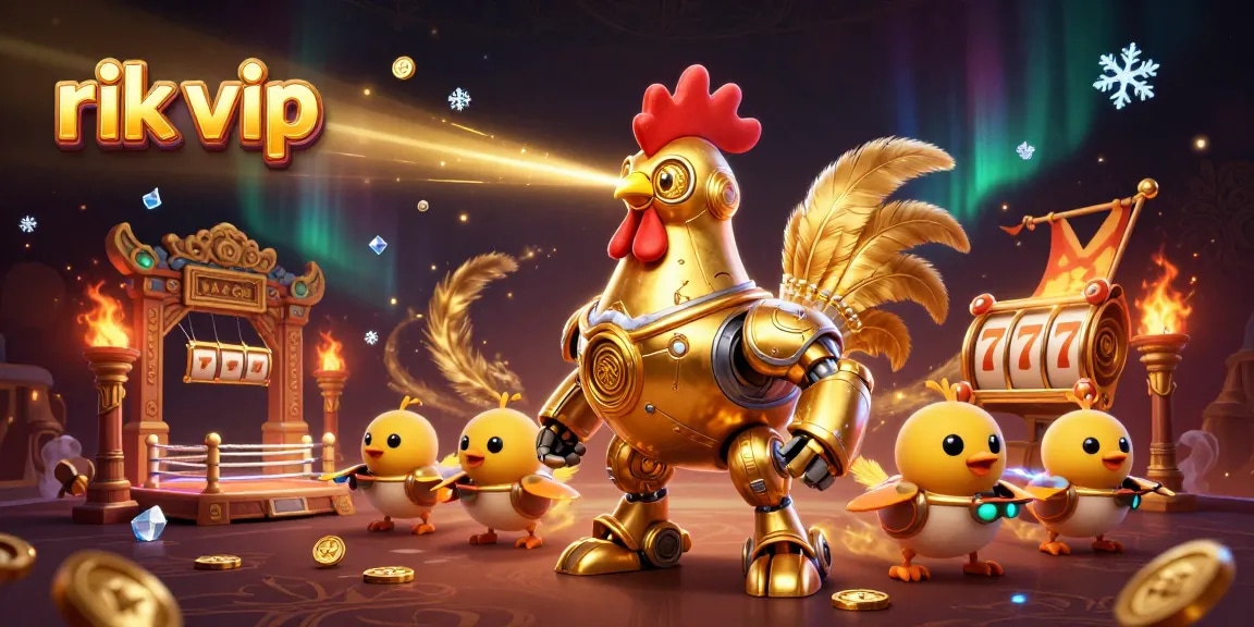 Play thrilling games at rik vip featuring a golden rooster robot and slot reels in an exciting atmosphere.