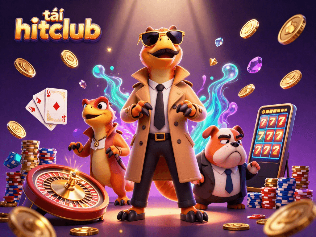 Play games and earn rewards with tải hitclub at this unique casino scene featuring cartoon raptors.