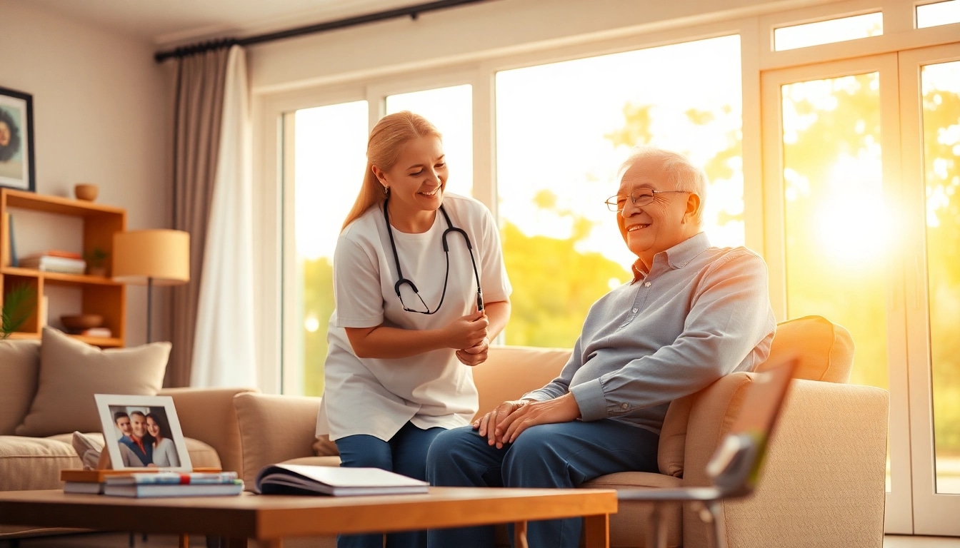 Caring interaction in at home senior care setting, highlighting companionship and comfort.