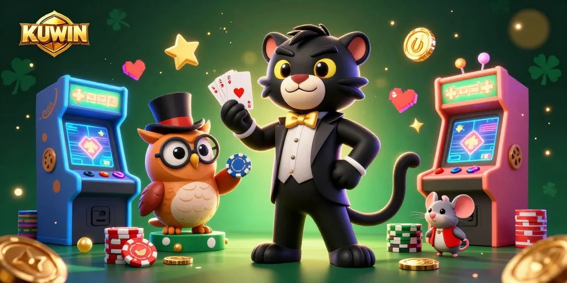 KUWIN showcases a stylish black panther dealer, owl with poker chips, and lucky mouse amidst vibrant casino elements.