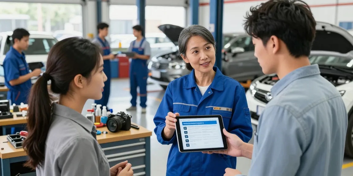 Engaging automotive service scene discussing best auto warranty companies with mechanics and customers at a busy service center.