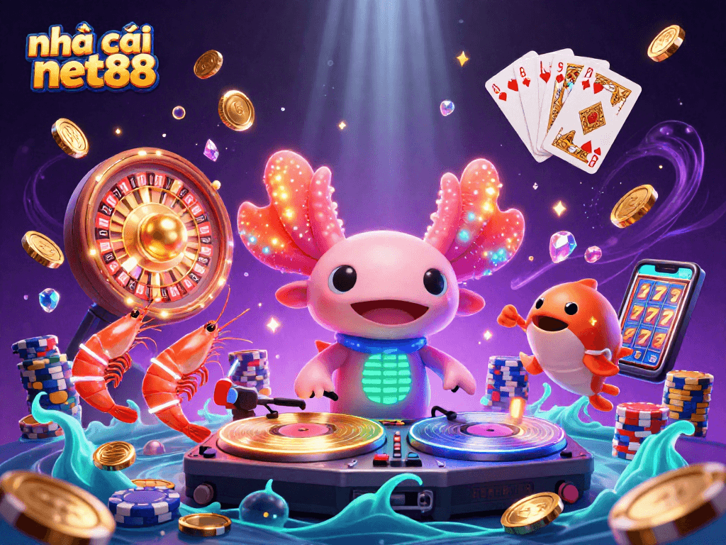 Join the vibrant party at nhà cái net88 with axolotl DJ, shrimp dancers, and glowing casino elements!
