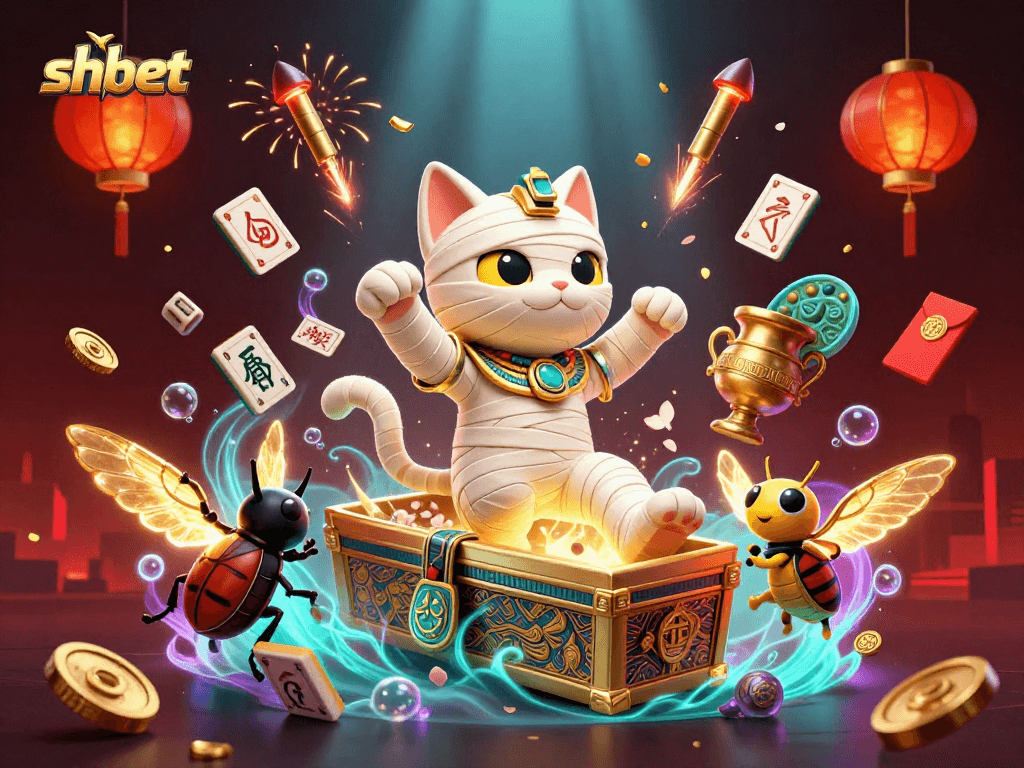 Engage with the shbet pyramid casino featuring a mummy cat and scarab beetle in a vibrant gaming scene.