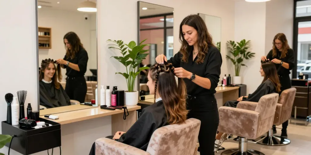 Salon quality sew in weft extensions applied by a stylist in a vibrant salon setting, showcasing beauty and care.