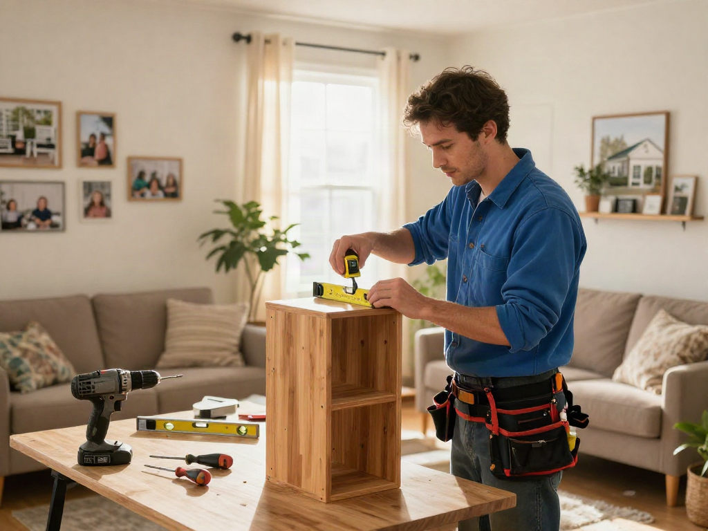 Home repair services Des Moines Iowa - handyman installing bookshelf in cozy living room