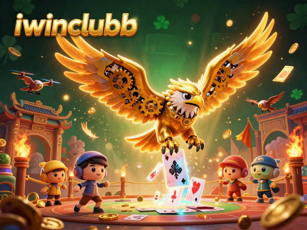 Experience the thrill of iwinclubb with a cybernetic eagle diving through holographic cards in this vibrant casino illustration.