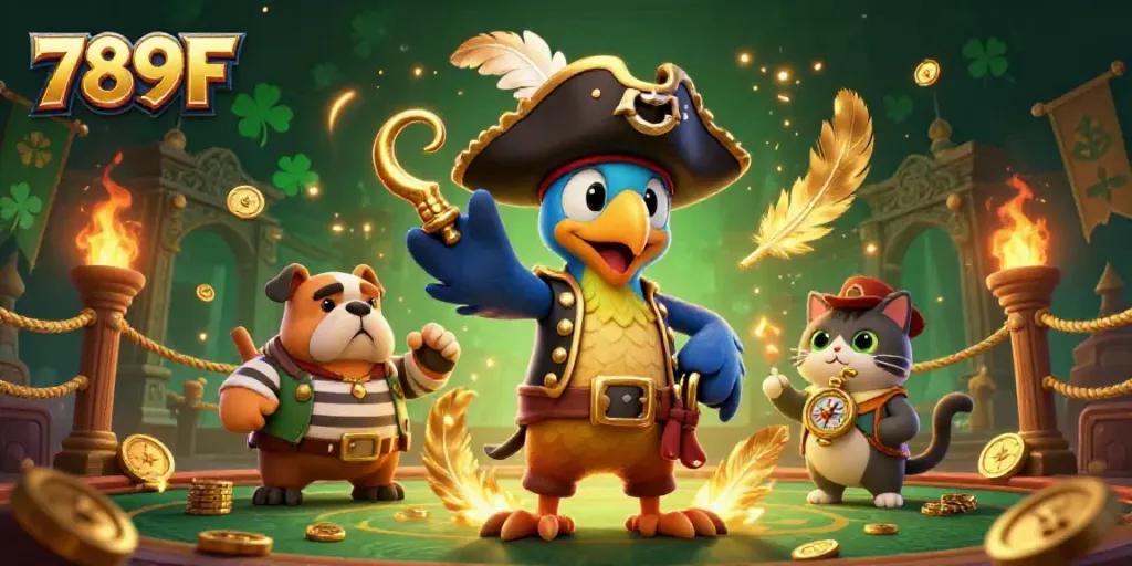 Experience thrilling gameplay with 789F's vibrant 3D pirate casino scene, featuring interactive characters.