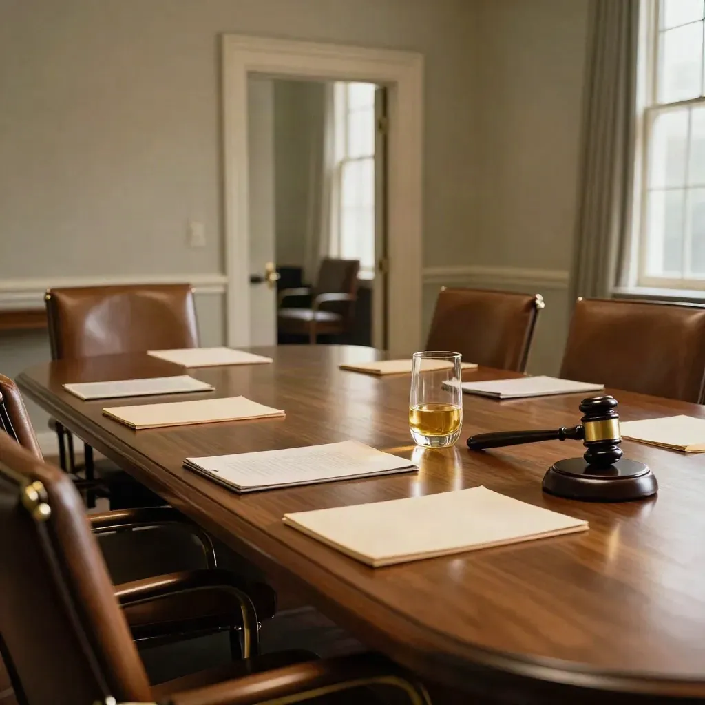 Empty congressional committee room after markup, chairs back, folders, gavel base, carafe in window light.