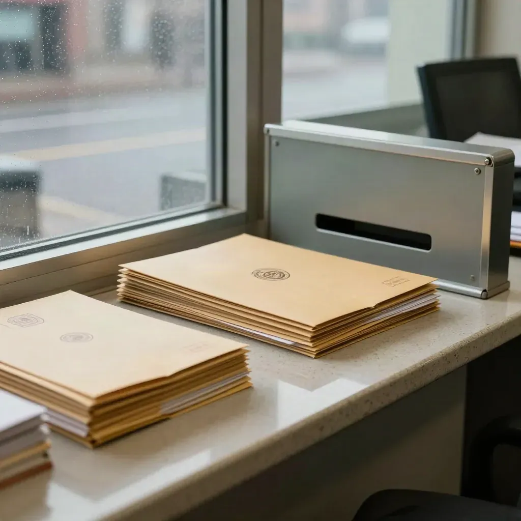 State office counter with filing envelopes, a stamped folder, and sleet on the window.