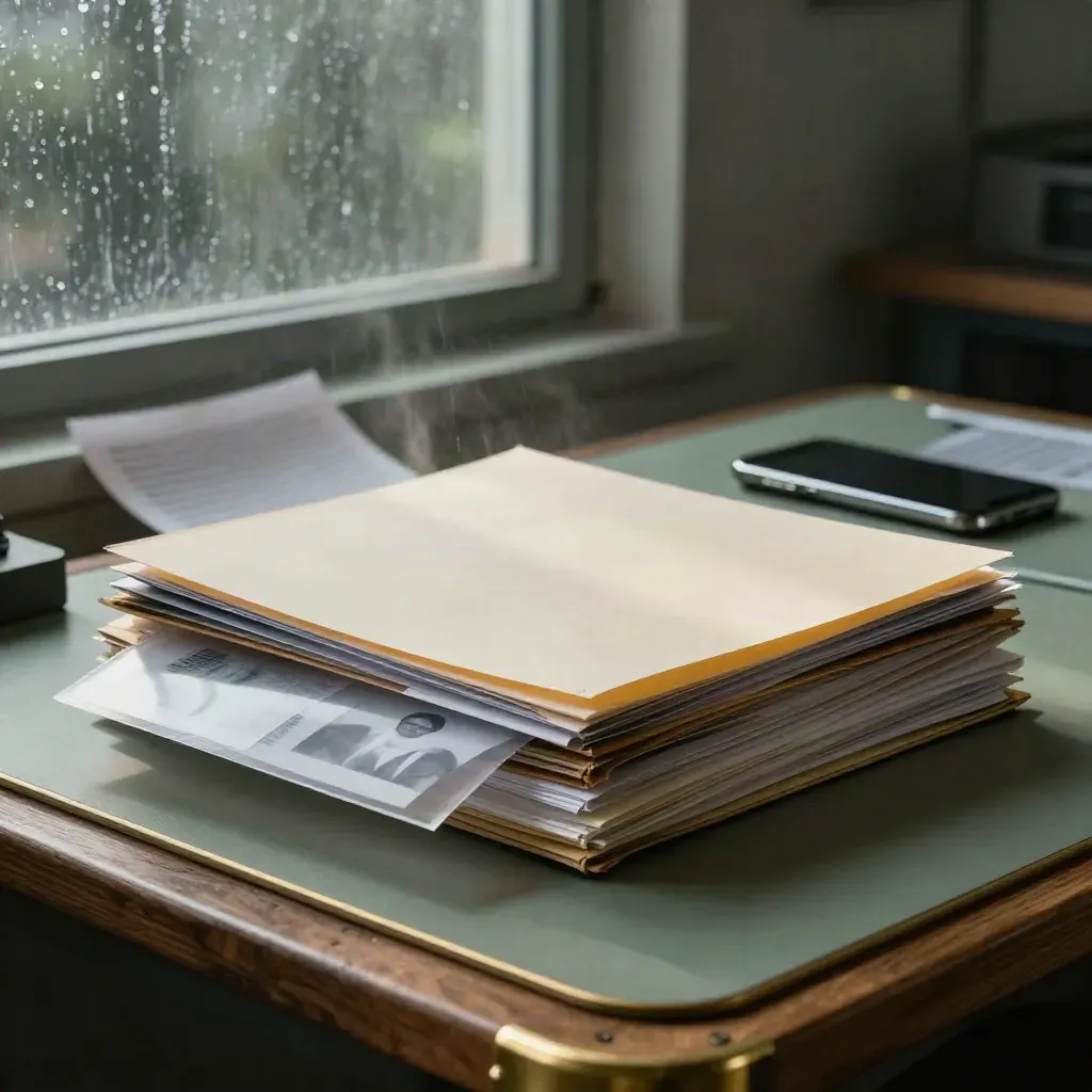 Rain-soaked newsroom tabletop with folders, archive sleeves, a phone, and dawn haze.