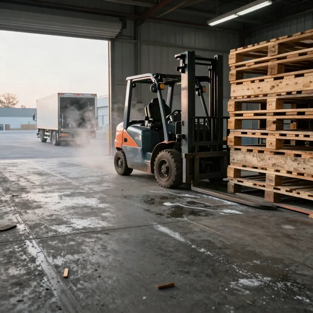 Forklift, pallets, and dawn light on a warehouse loading dock with steam haze.