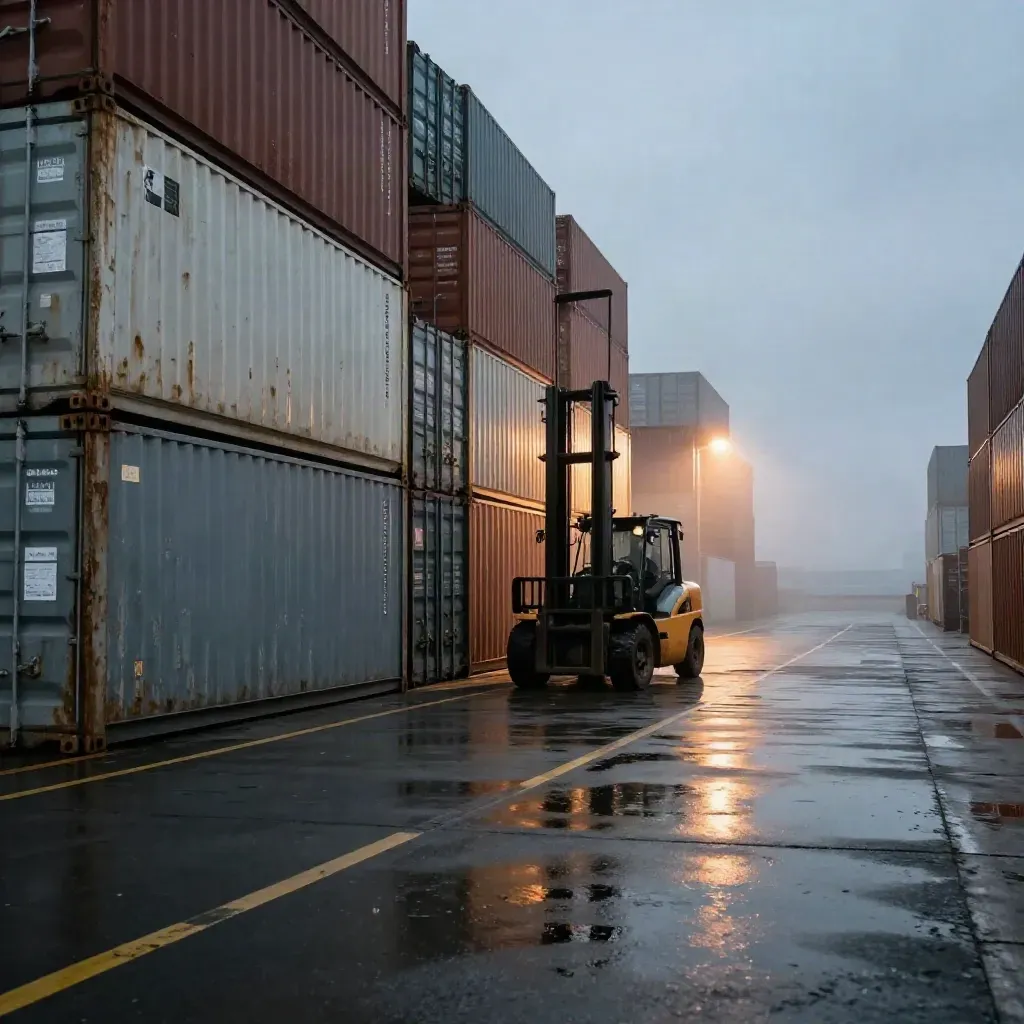 Blue-hour container port with forklift, wet asphalt, and rain mist under yard lights.