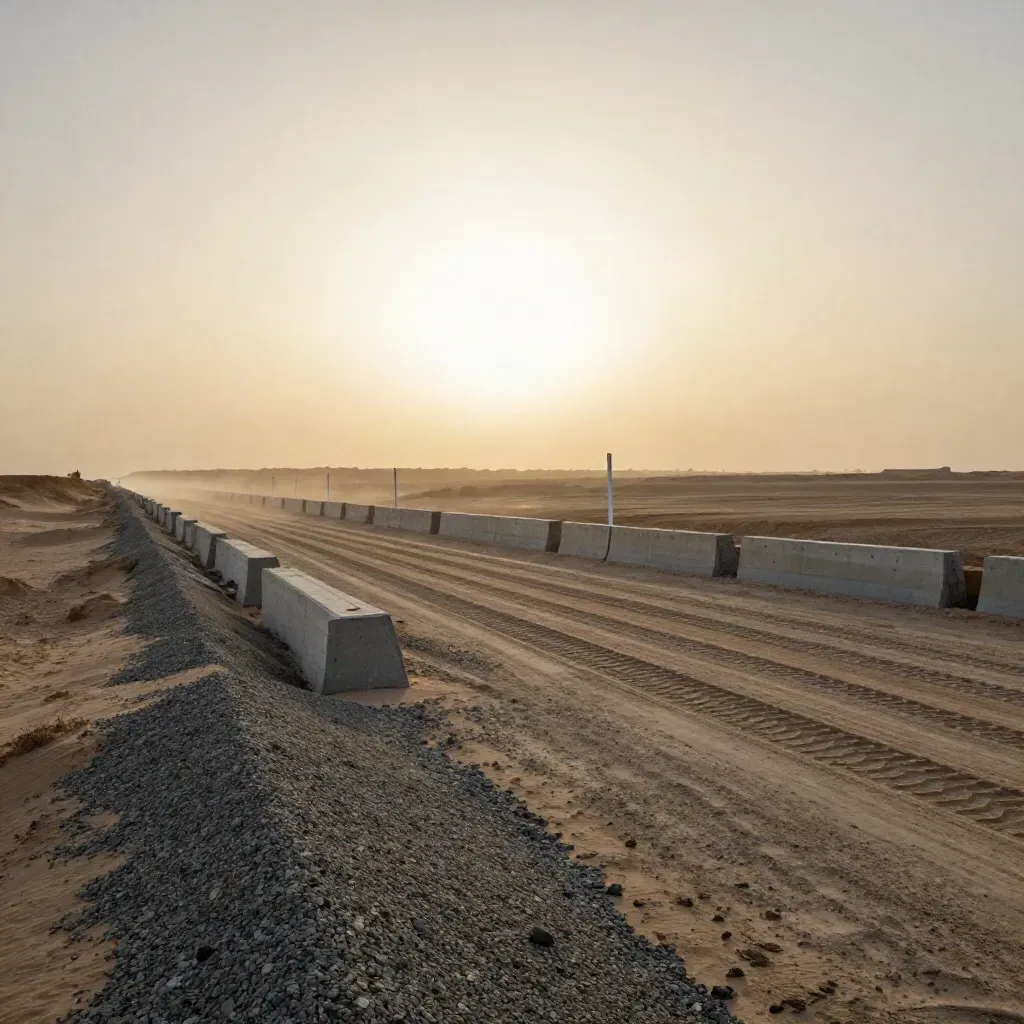 Desert border worksite with concrete barriers, stakes, and a dusty road at low sun.