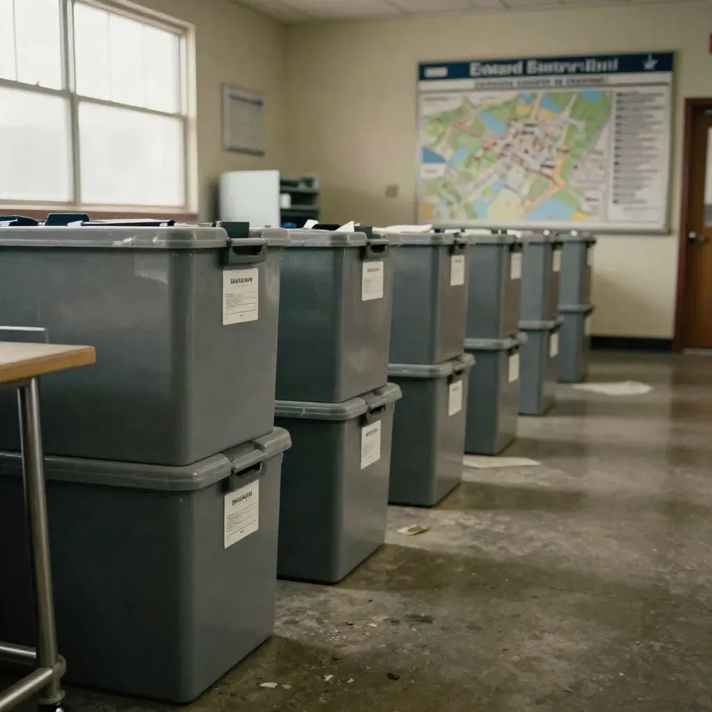 Election center bins and scanner trays in a dim room after polls close.