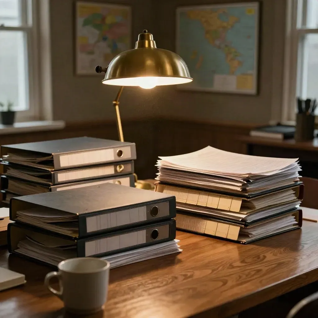Night budget room with binders, blurred wall maps, and a brass desk lamp over a wide table.