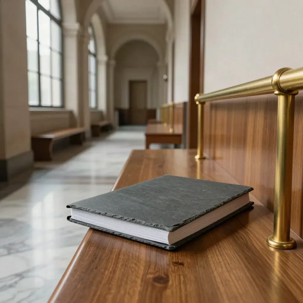 Quiet courthouse hallway with a face-down case folder on a bench and reflections on marble floor