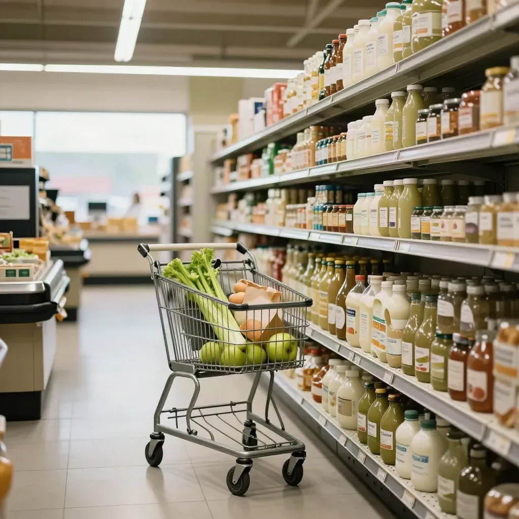 Empty grocery cart in a quiet opening aisle with a glowing checkout lane.