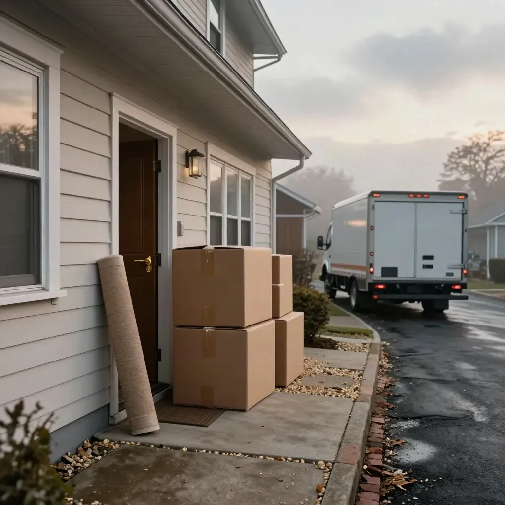 Townhouse entry with moving boxes and a rental truck backing into the driveway at dawn.