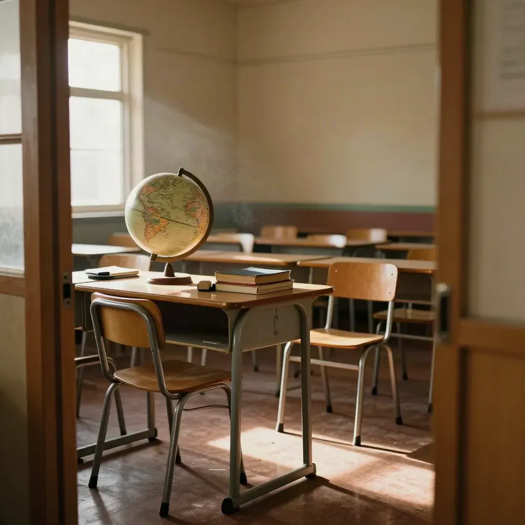 Empty classroom with stacked chairs, a globe, and textbooks in warm afternoon light