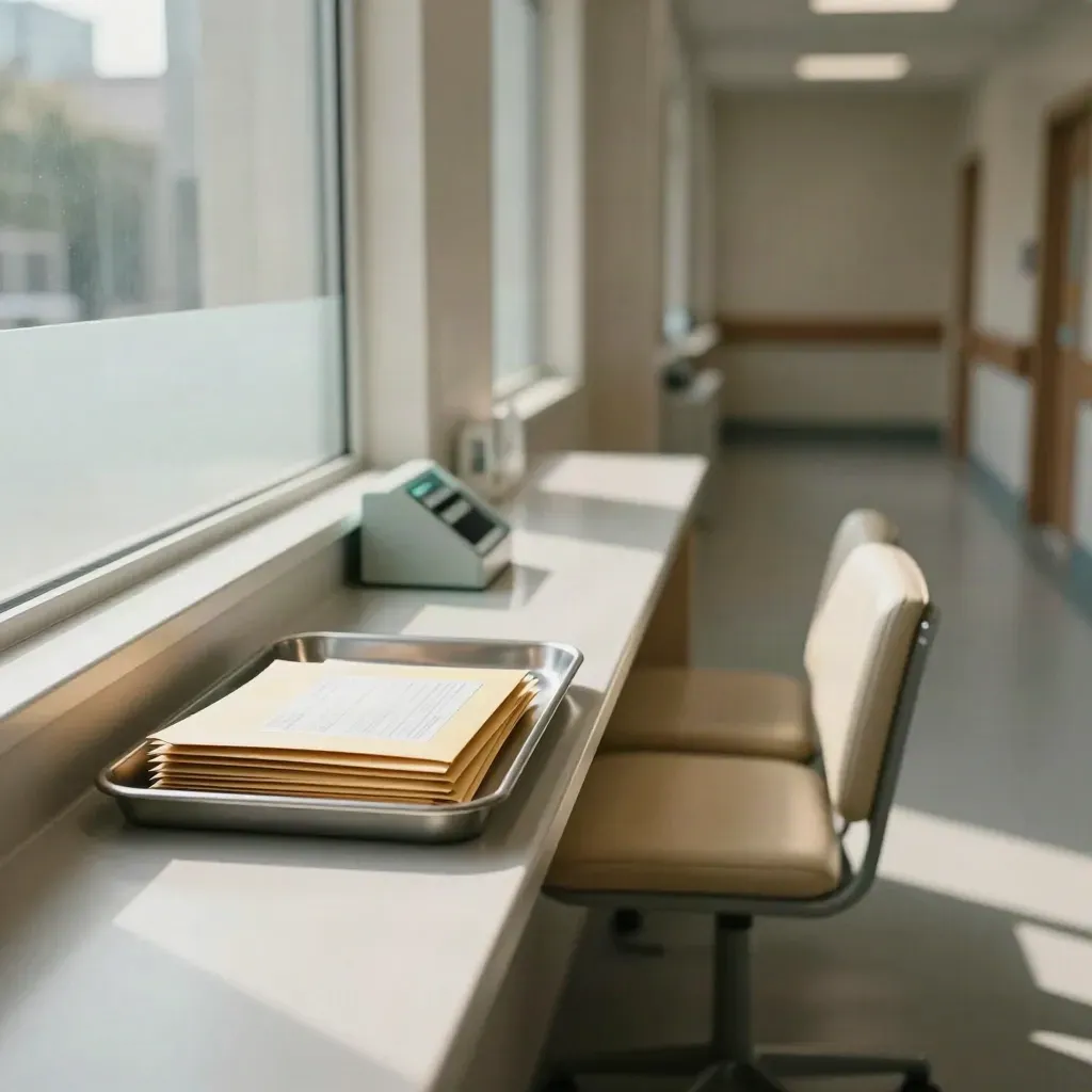 Clinic billing window with face-down envelopes, metal tray, and waiting chair in a quiet corridor
