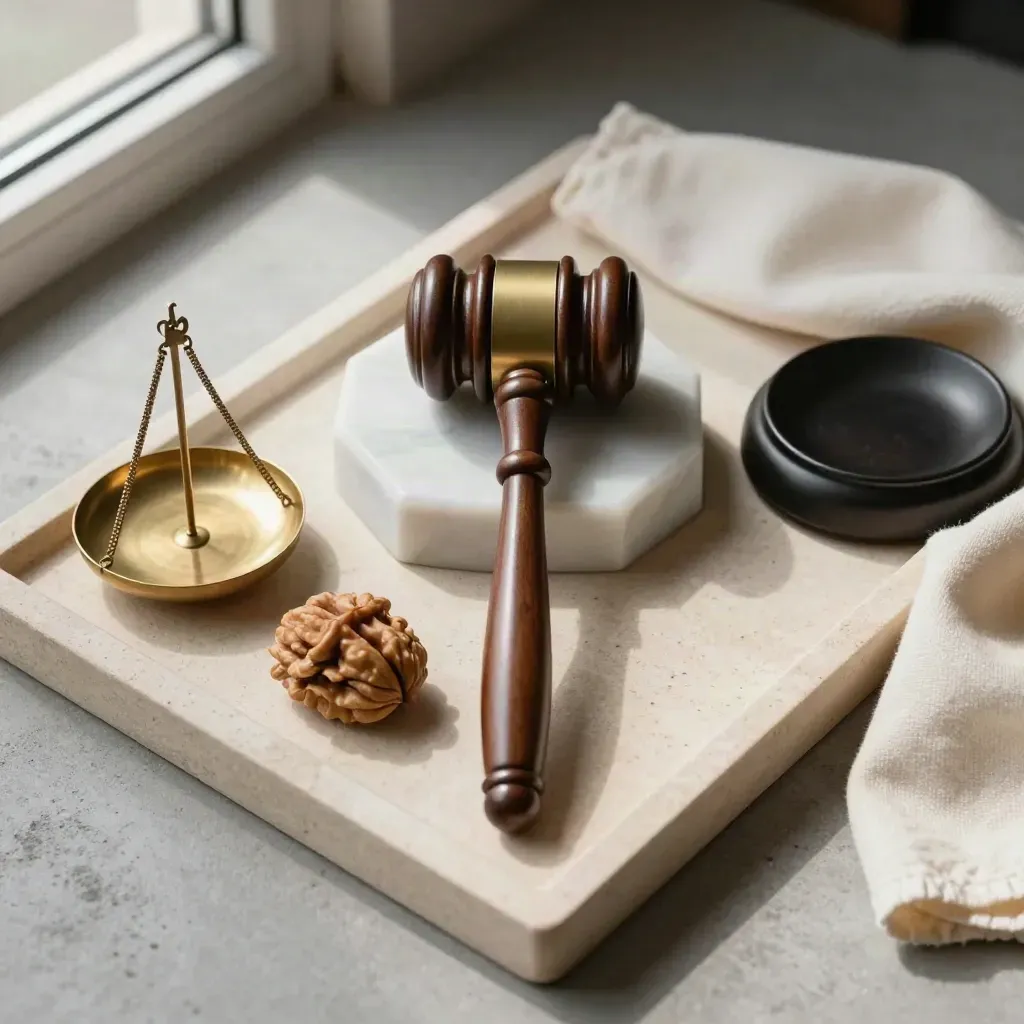 Top-down still life of a walnut gavel, brass scales, marble block, cloth and black dish on stone.