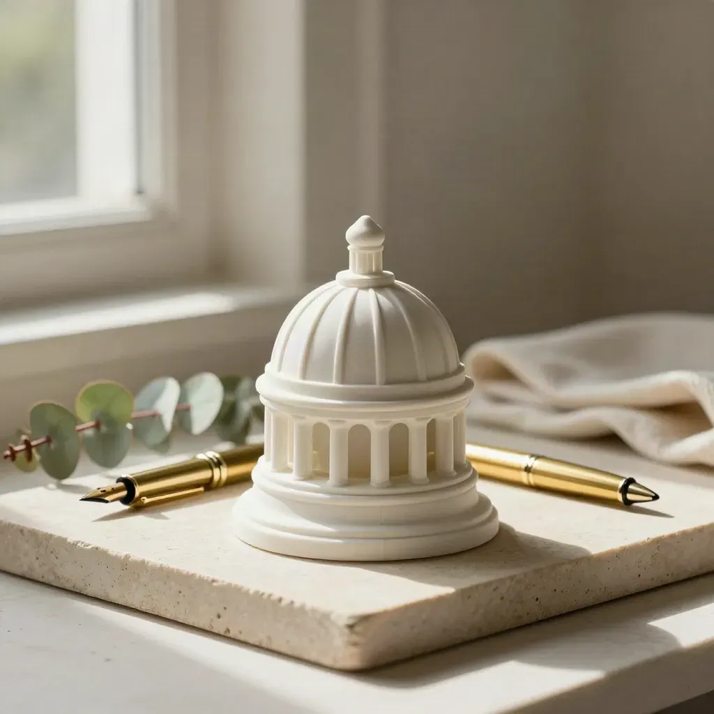 White capitol dome paperweight with brass pen, tray, eucalyptus sprig on stone shelf